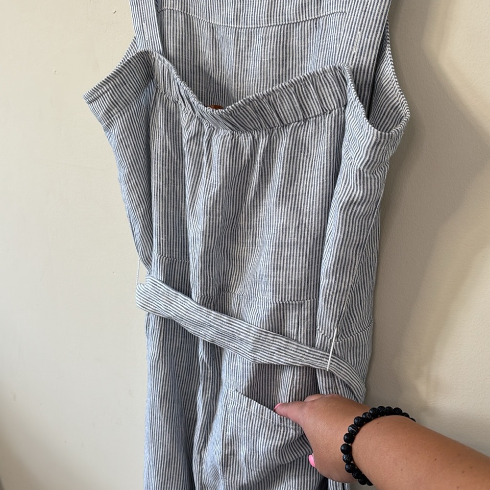 NEW Quince 100% European Linen Square Neck Jumpsuit Blue Pinstripe Size Large - Picture 8 of 11